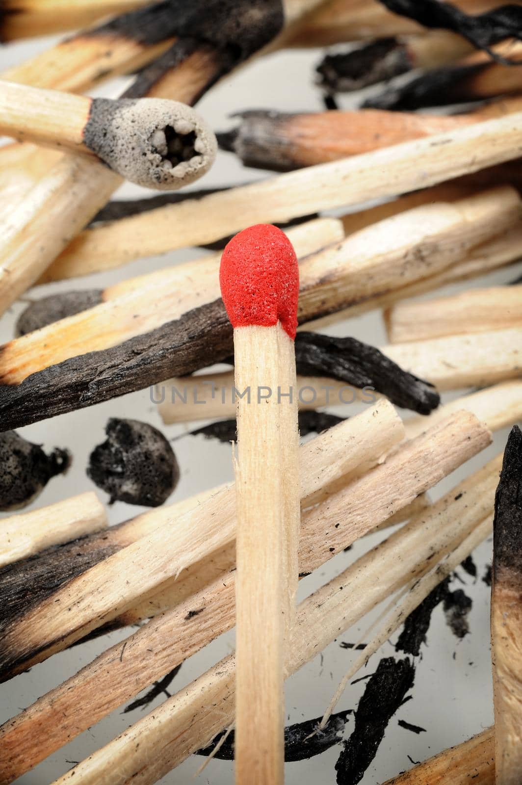 closeup red wooden match on burned matches