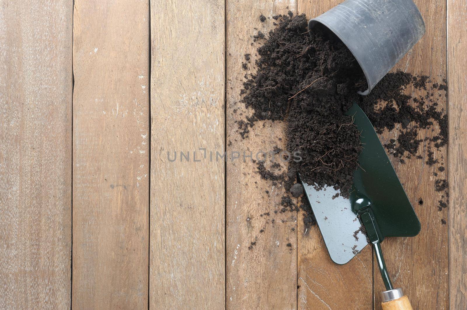 gardening tools on wooden plank background