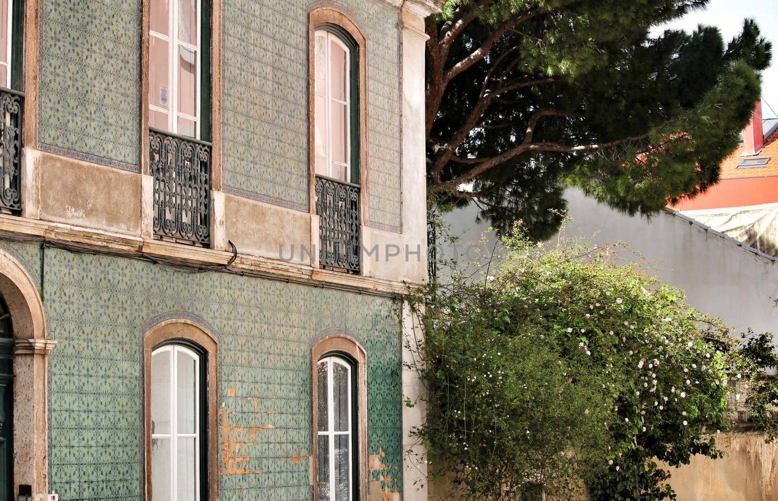 Old colorful and bright typical facade in Lisbon