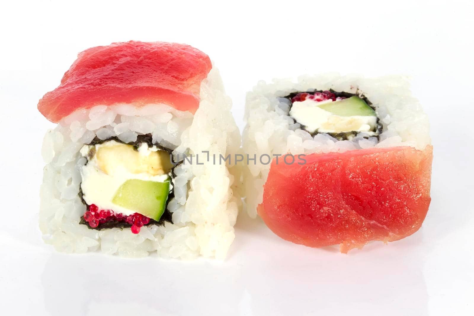 Sushi rolls japanese food isolated on white background.Menu of the Japanese restaurant. Two sushi with red salmon fish and salmon close-up