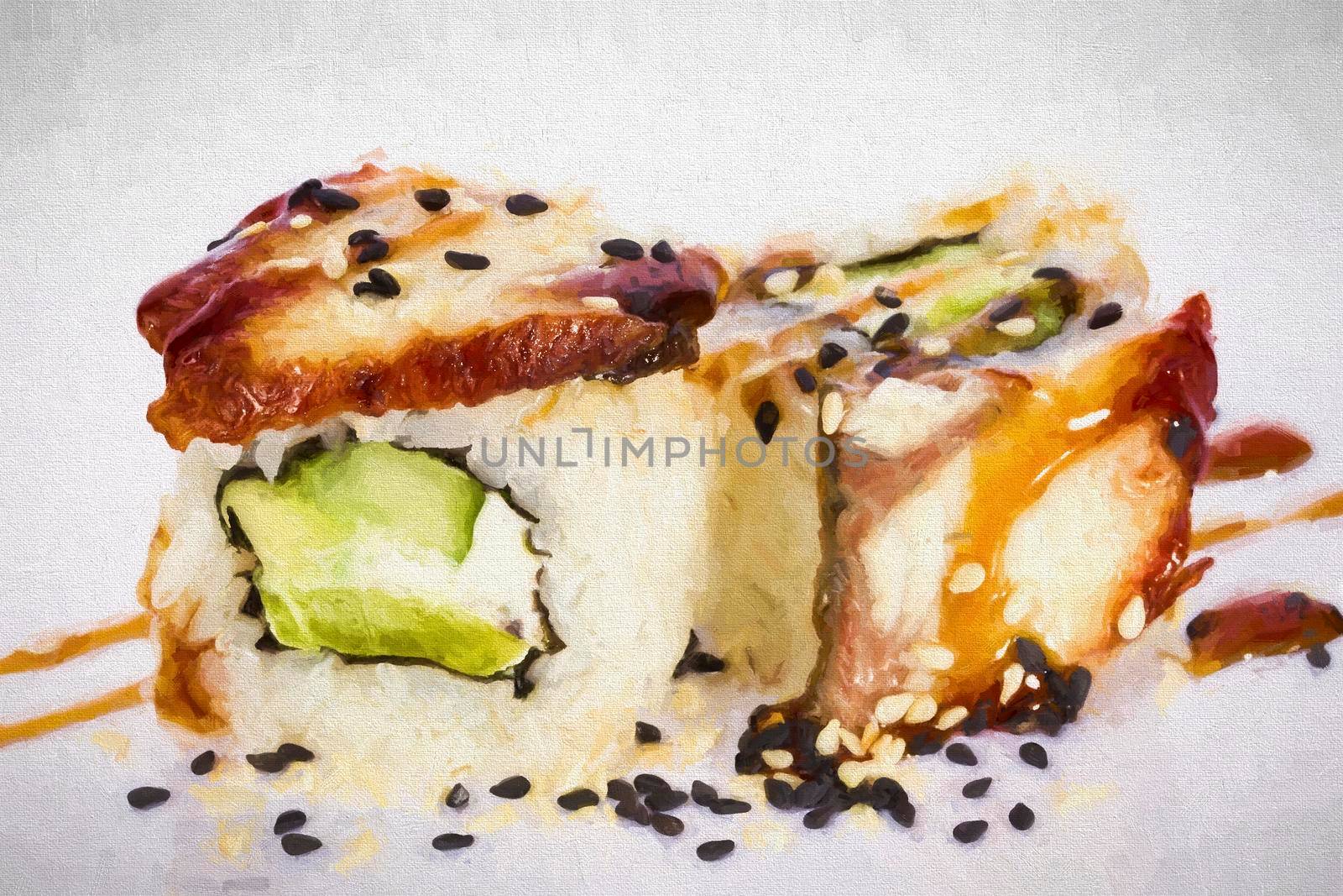 Sushi rolls japanese food isolated on white background.California Sushi roll with tuna, vegetables and unagi sauce closeup.Japanese Restaurant Menu.