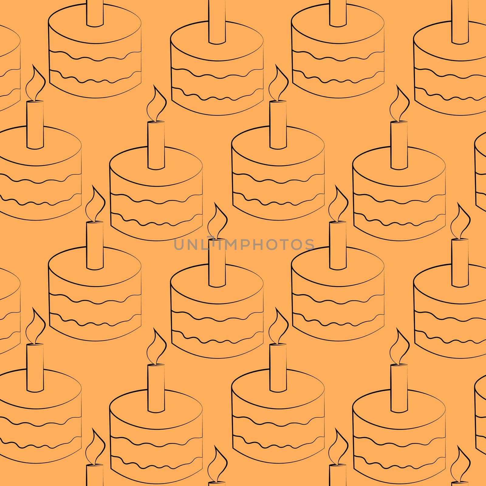 Seamless vector pattern with outline orange cake with candle by AnastasiaPen