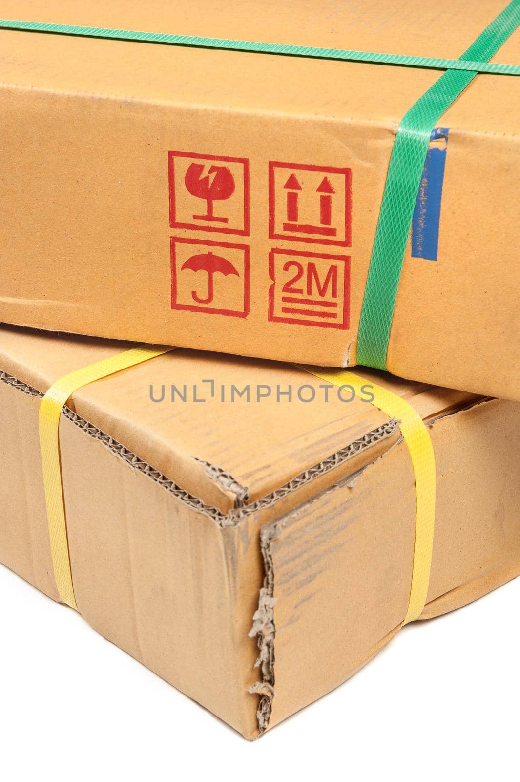 closeup detail of freight parcel with plastic strap