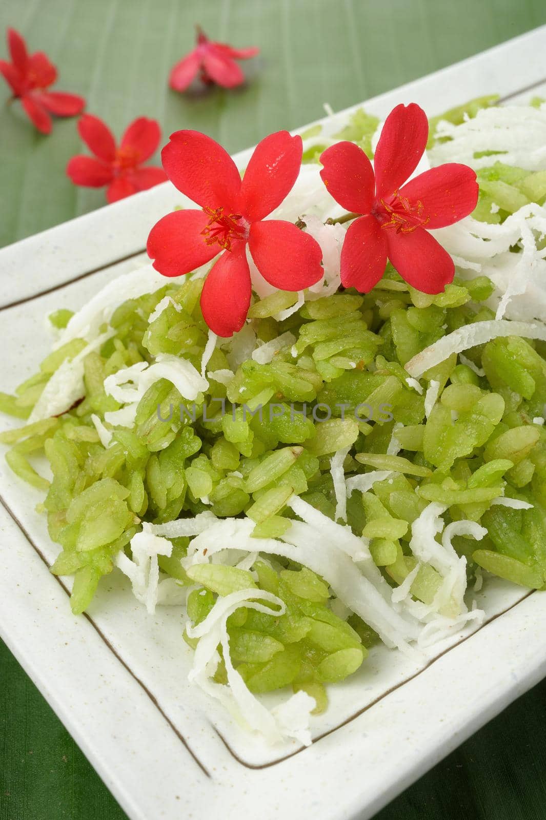 shredded rice grain with coconut, traditional Thai dessert