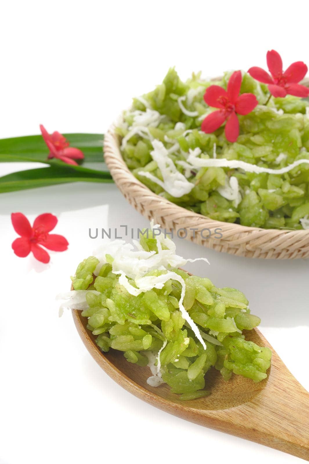 shredded rice grain with coconut, traditional Thai dessert