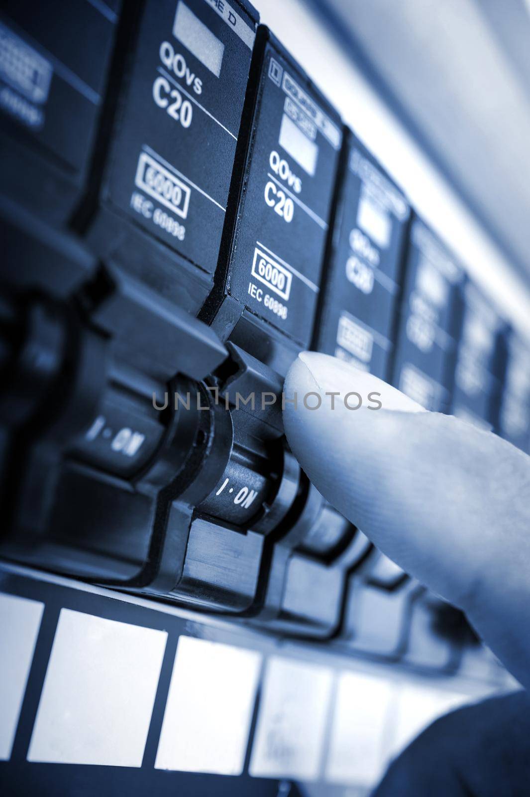 closeup detail of automatic circuit breaker, electrical equipment