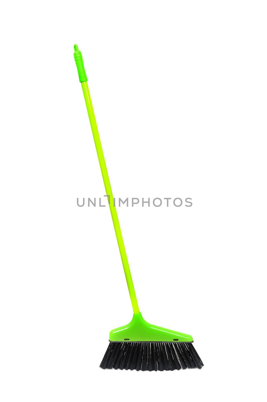 green plastic broom isolated on white background