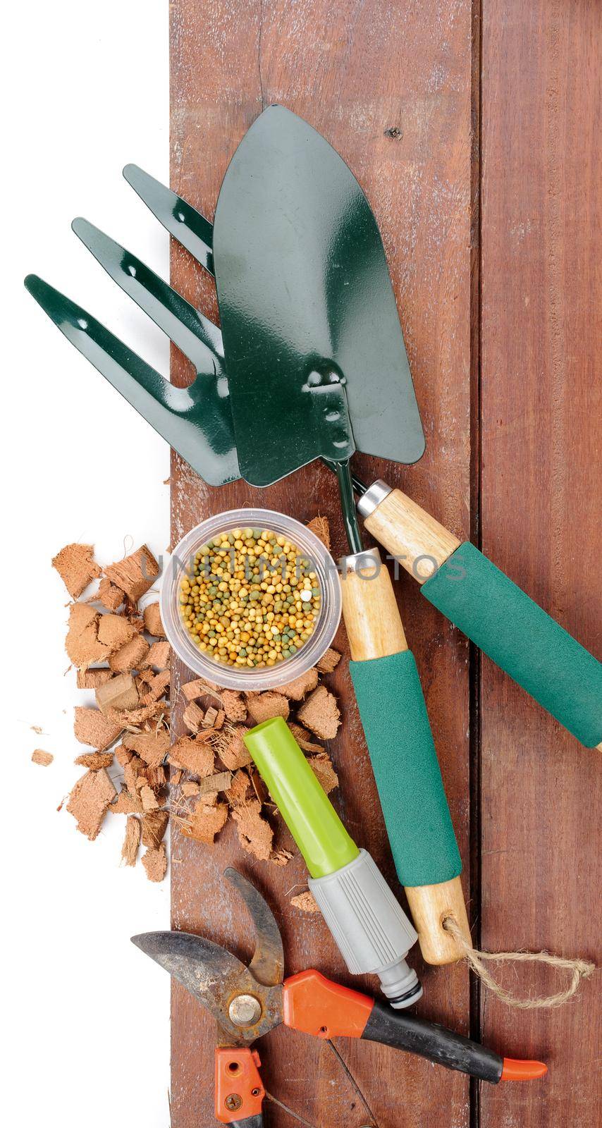 gardening tools on wooden plank background