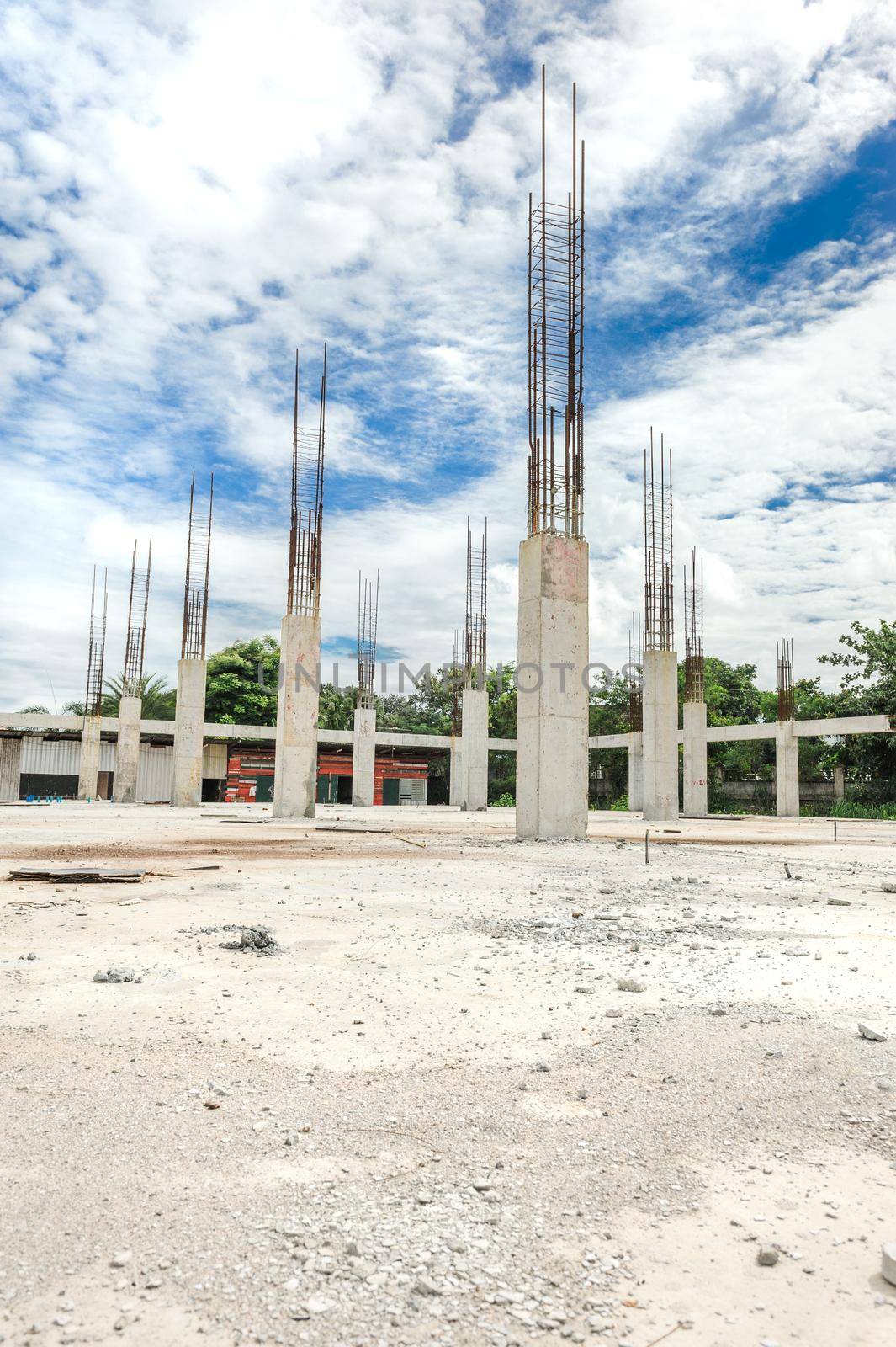 closeup foundation pilein construction site, the building under construcion