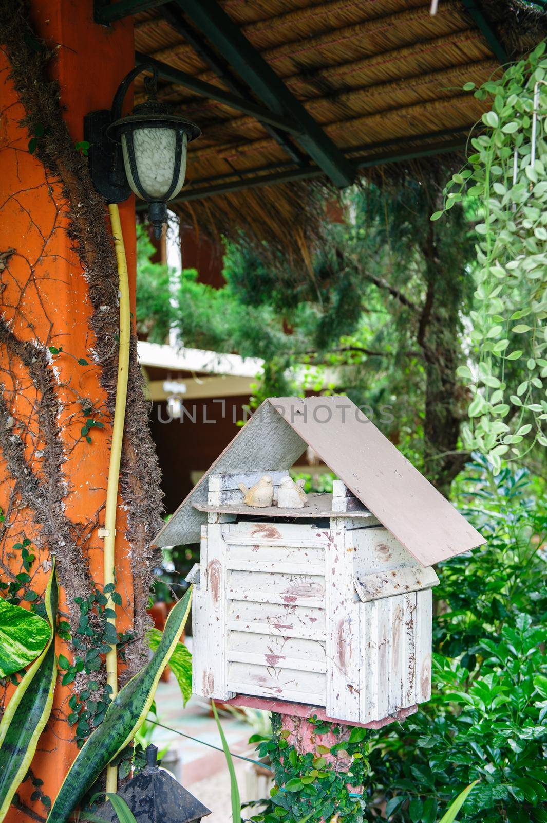 closeup wooden post box in the garden, home decoration