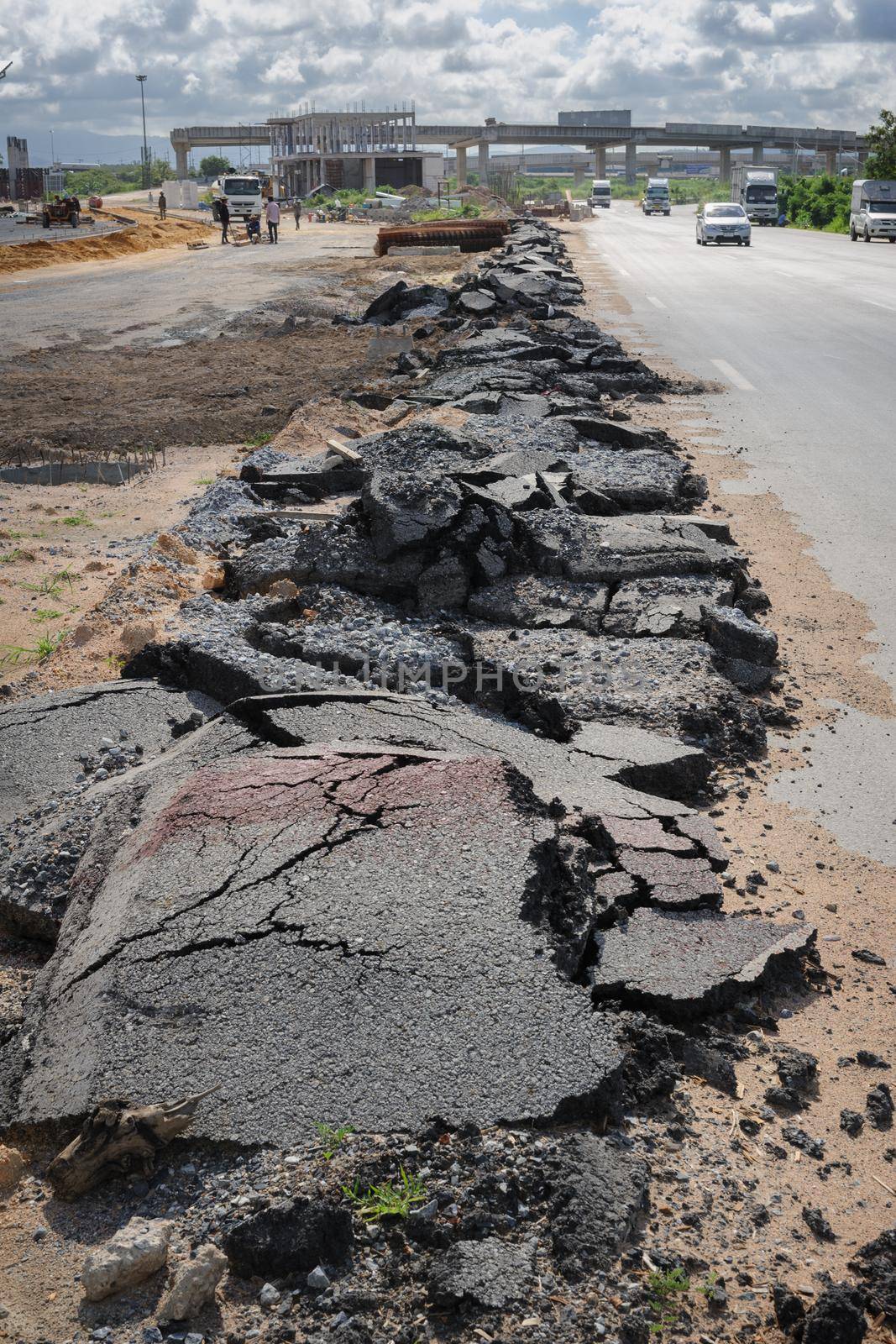 cracked asphalt road, public asphalt road under construction