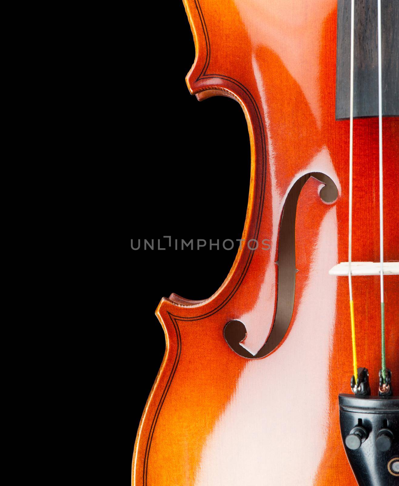 closeup new classical violin on black background