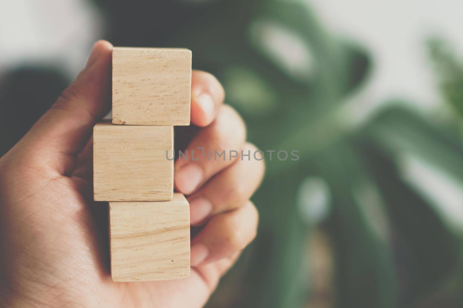 Blank wooden cube that you can put text or icon on in hand hold by Suwant