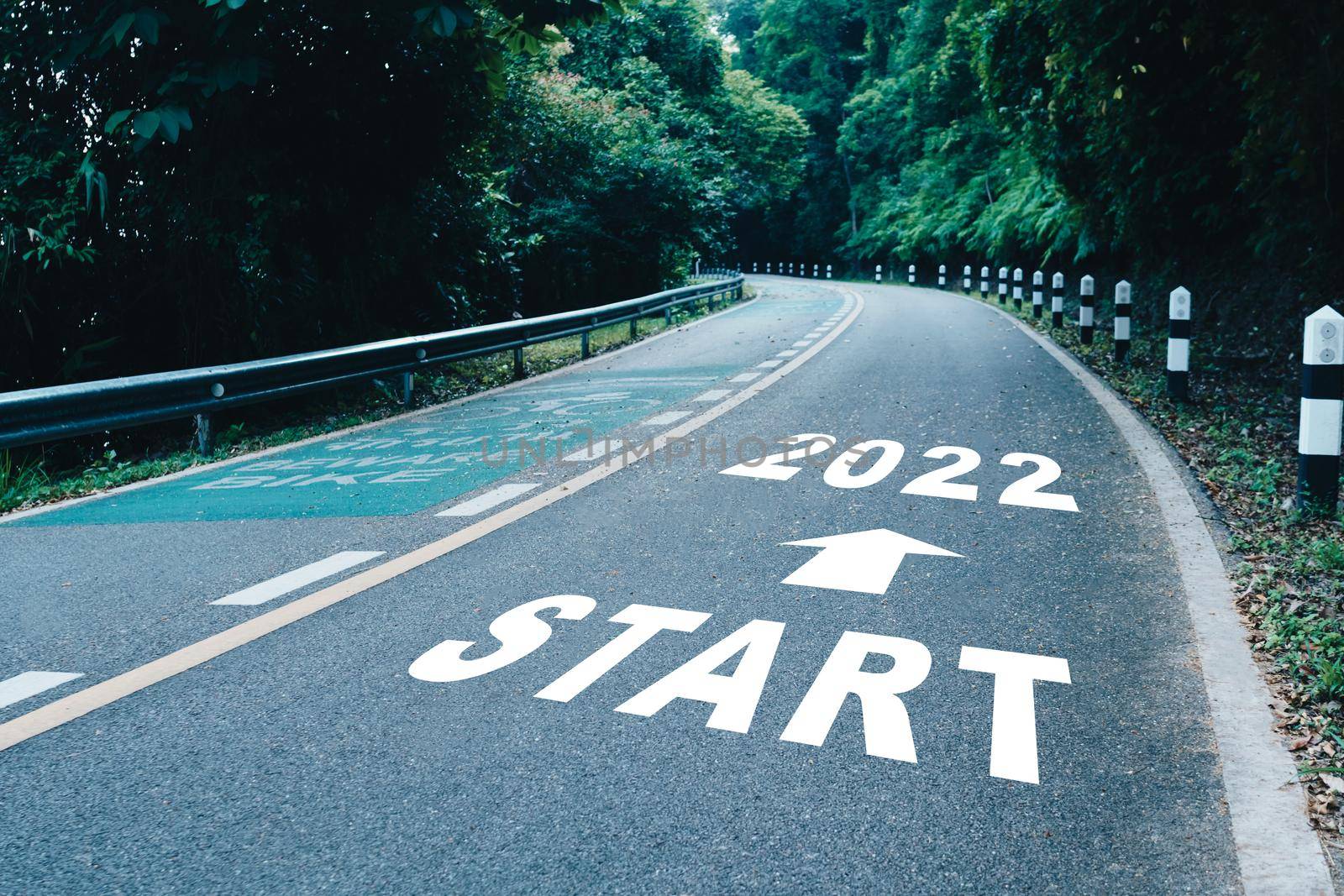 Start line to 2022 on road in wood the beginning of a journey to the destination in business planning, strategy and challenge or career path, opportunity concept.