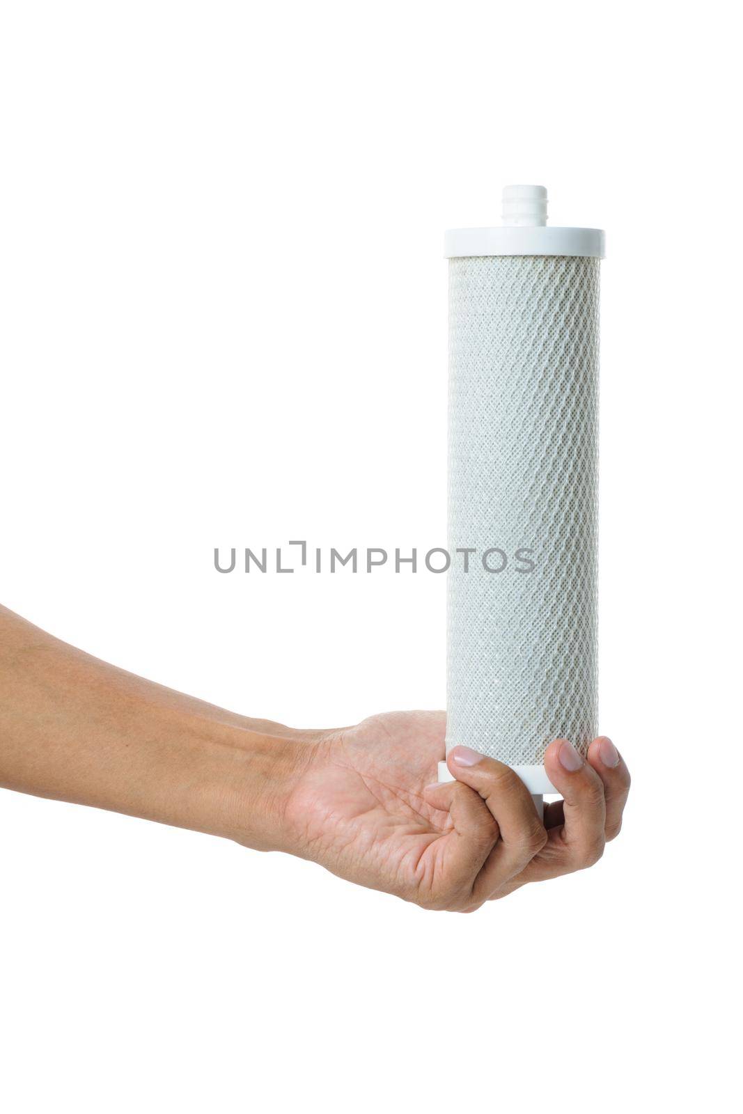 used water filter in human hand