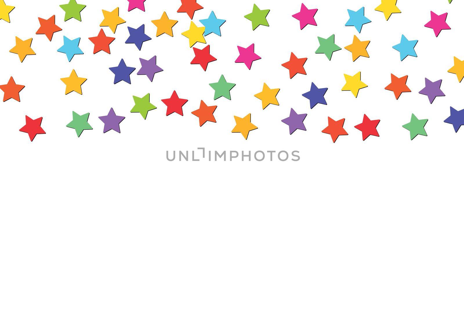 Stars multicolor confetti isolated on white background. Festive holiday background. Celebration concept. Falling magic colorful particles. Invitation mock up. Copy space.