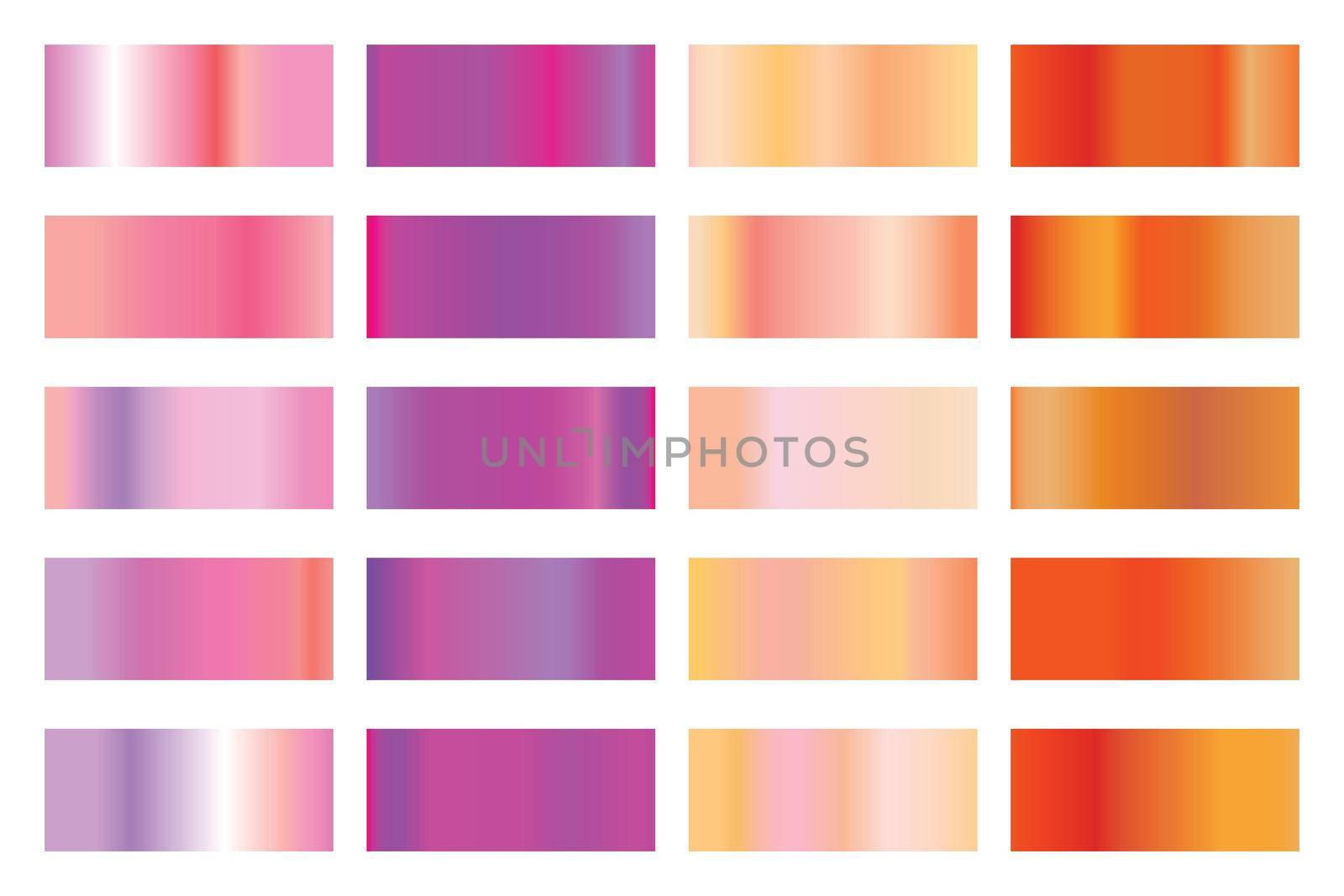 Metalic gradient collection with shiny colorful hologram. Holographic foil texture, gold rose, blue and golden gradation. Vector set for frame, ribbon, border, other design.