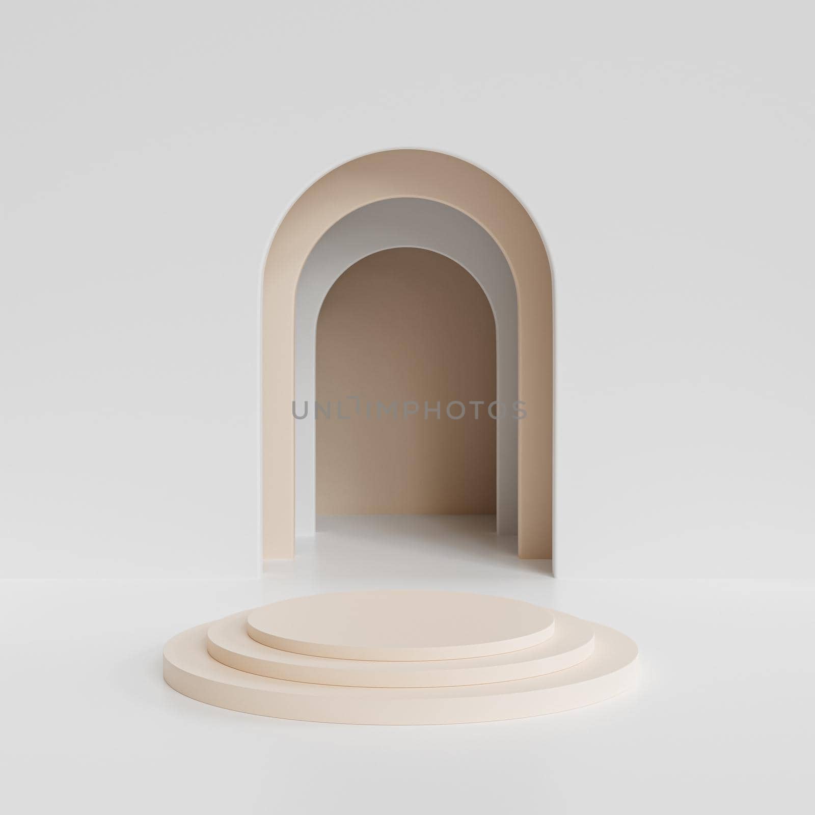 Beige cylinder podium or pedestal for products or advertising near to white empty entrance. 3D minimal rendering. by Frostroomhead