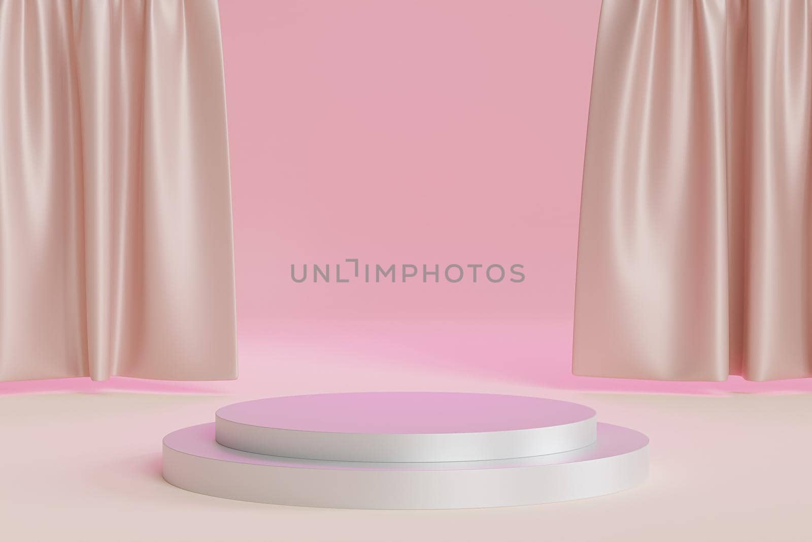 Cylinder podium or pedestal for products or advertising on shiny beige curtains background, minimal 3d illustration render