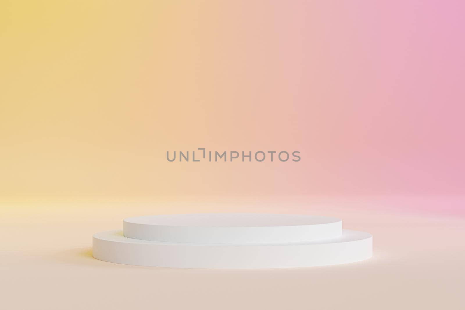 Podium or pedestal for products or advertising on gradient yellow and pink background, minimal 3d illustration render