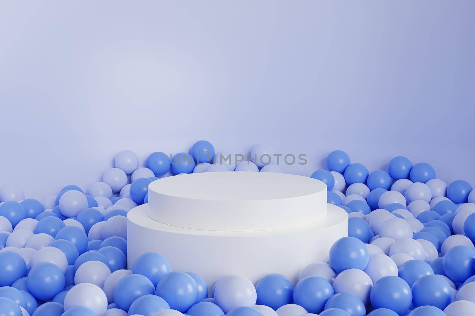 White cylinder shaped podium or pedestal for products or advertising on pastel blue background with balls, minimal 3d illustration render