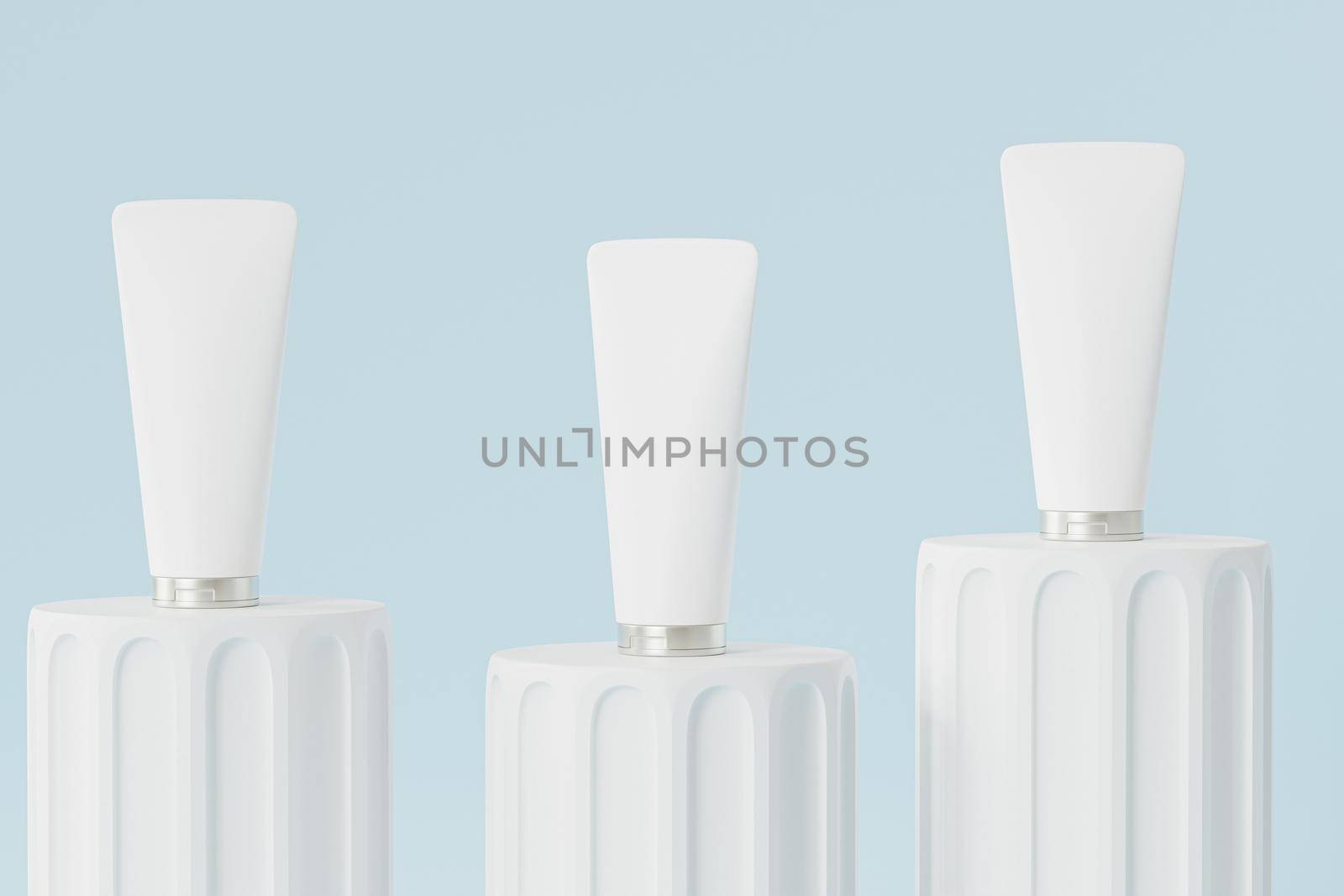 Mockup lotion tube for cosmetics products, template or advertising on pillar podium, minimal 3d illustration render