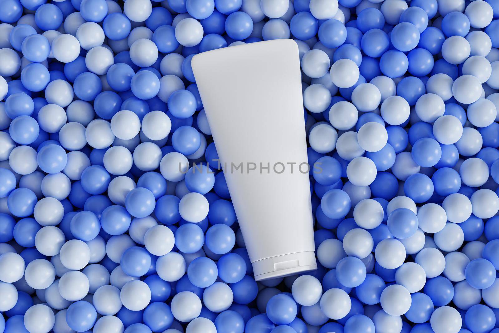 Mockup lotion tube for cosmetics products, template or advertising lies on blue balls or spheres, minimal 3d illustration render