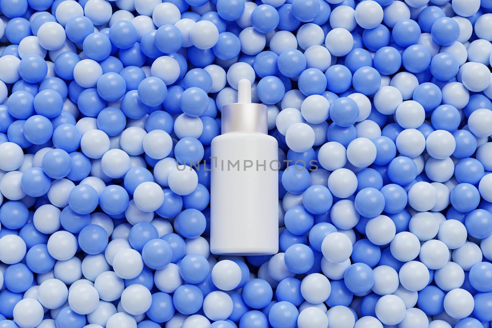 Mockup white dropper bottle with serum for cosmetics products or advertising lies on blue balls or spheres, 3d abstract render by Frostroomhead