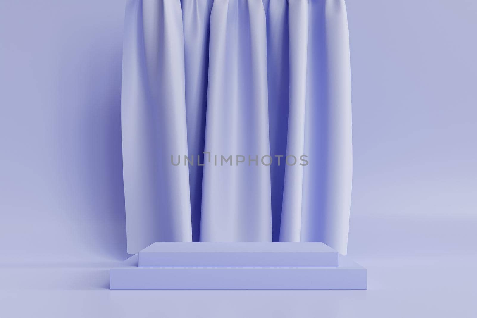 Square shaped podium or pedestal for products or advertising on neutral blue background with curtains, minimal 3d illustration render