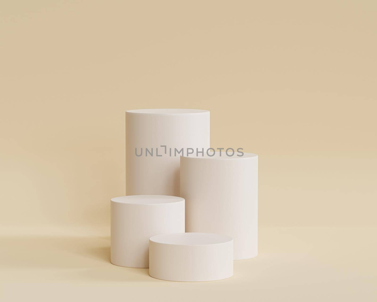 Cylinder shaped podiums or pedestals for products or advertising on beige background, minimal 3d illustration render