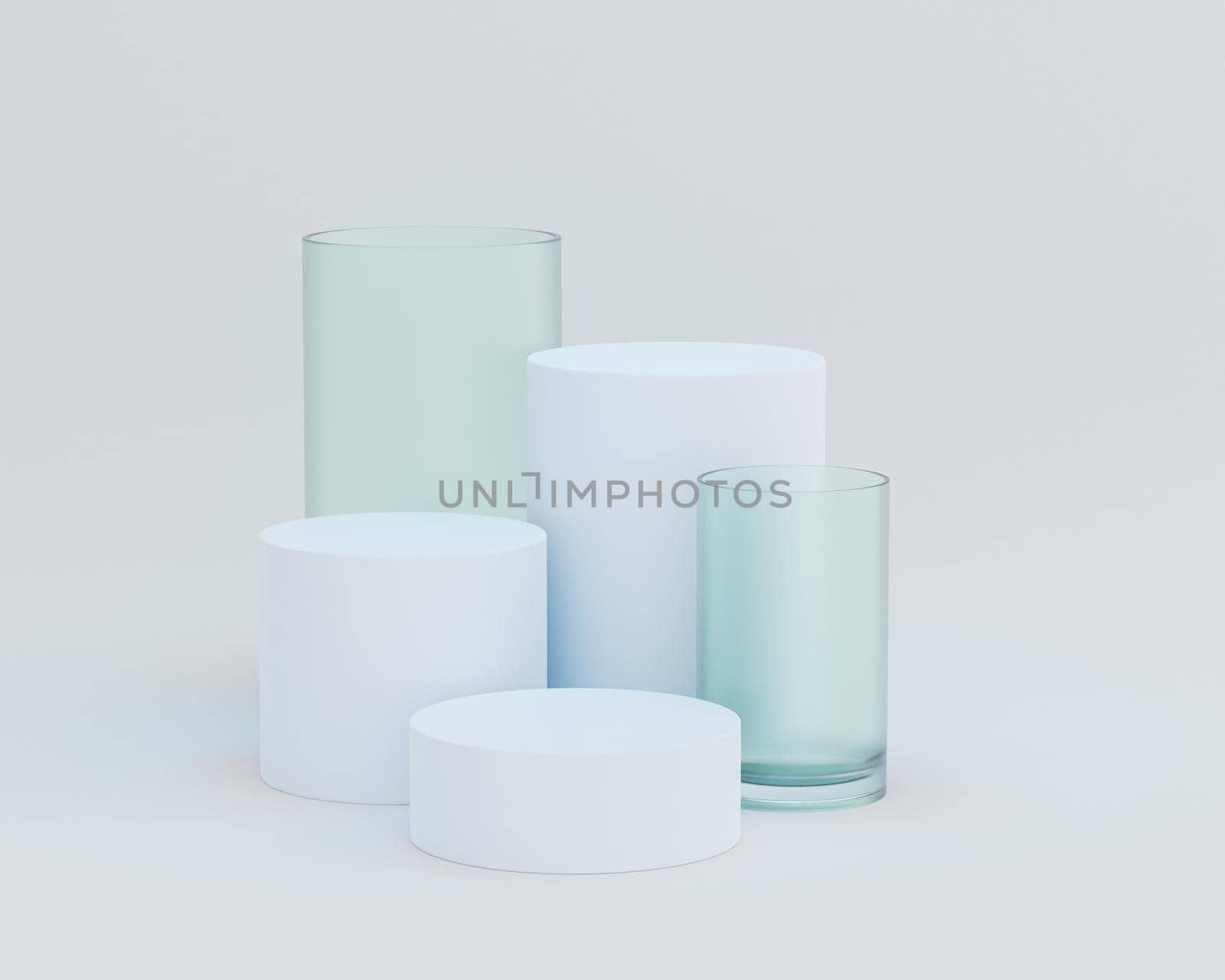 Cylinder shaped podiums or pedestals for products or advertising on white background, minimal 3d illustration render