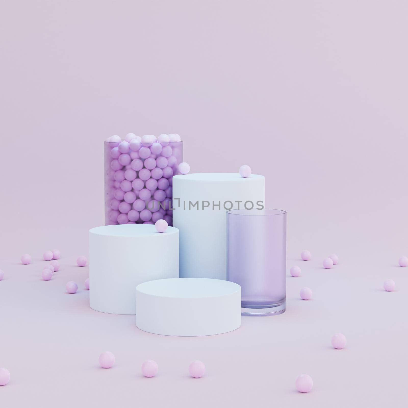 Cylinder shaped podiums or pedestals for products or advertising on pastel pink background, minimal 3d illustration render