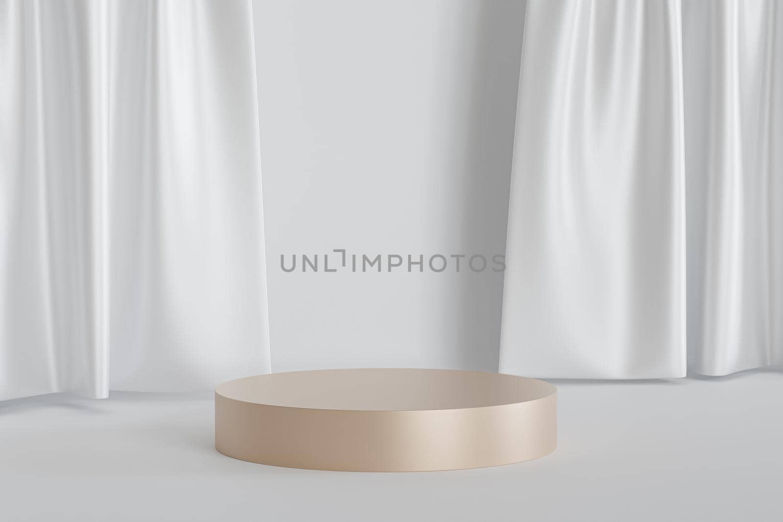Cylinder shaped podium or pedestal for products or advertising on shiny white curtains background, minimal 3d illustration render by Frostroomhead