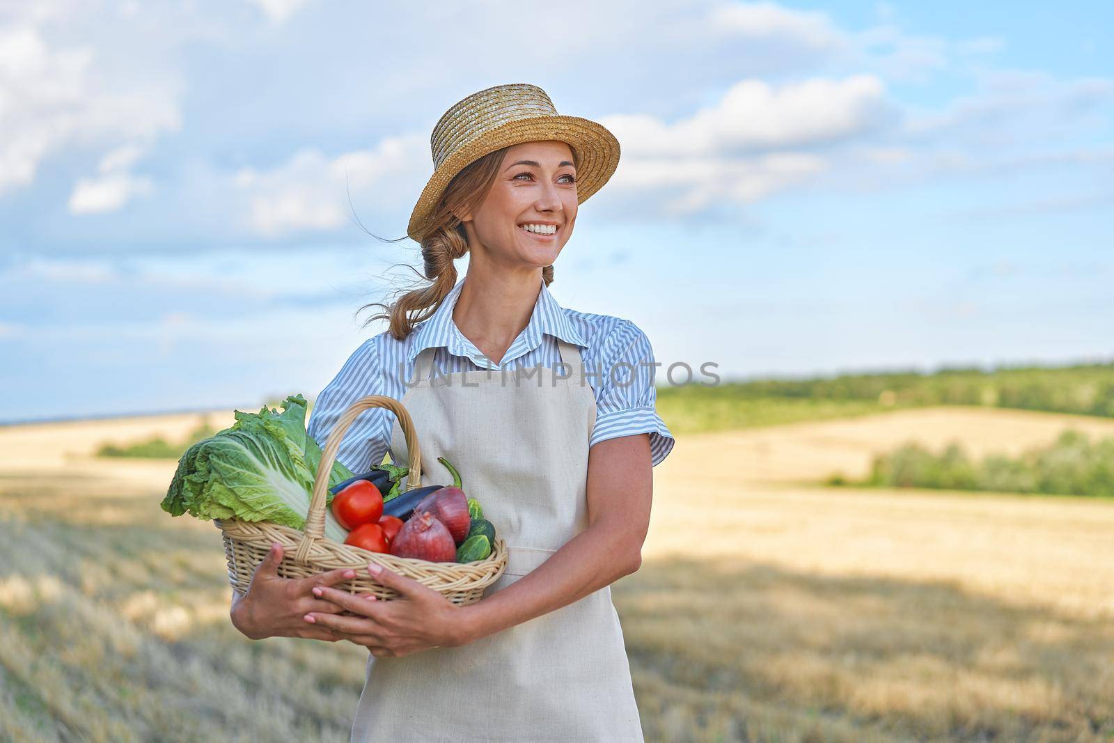 Woman farmer straw hat holding basket vegetable onion tomato salad cucumber standing farmland smiling Female agronomist specialist farming agribusiness Happy Girl dressed apron cultivated wheat field