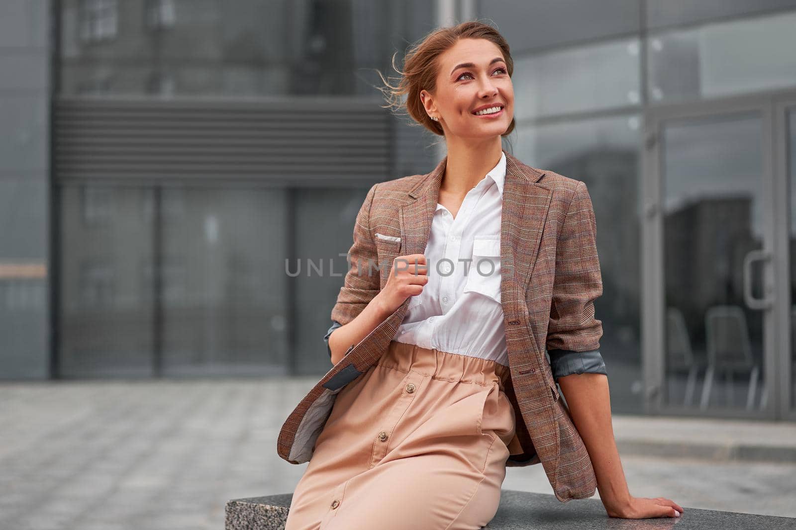 Businesswoman successful woman business person standing outdoor corporate building exterior Smile happy caucasian confidence professional business woman middle age female entrepreneur Bank employee