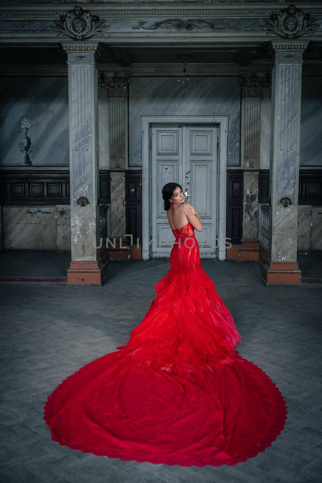 Woman Vintage Red Dress Old Castle Beautiful Princess In Seductive Dress Elegant Caucasian Female Fairy Tale story