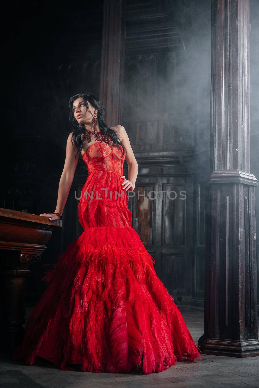 Woman Vintage Red Dress Old Castle Beautiful Princess In Seductive Dress Elegant Caucasian Female Fairy Tale story