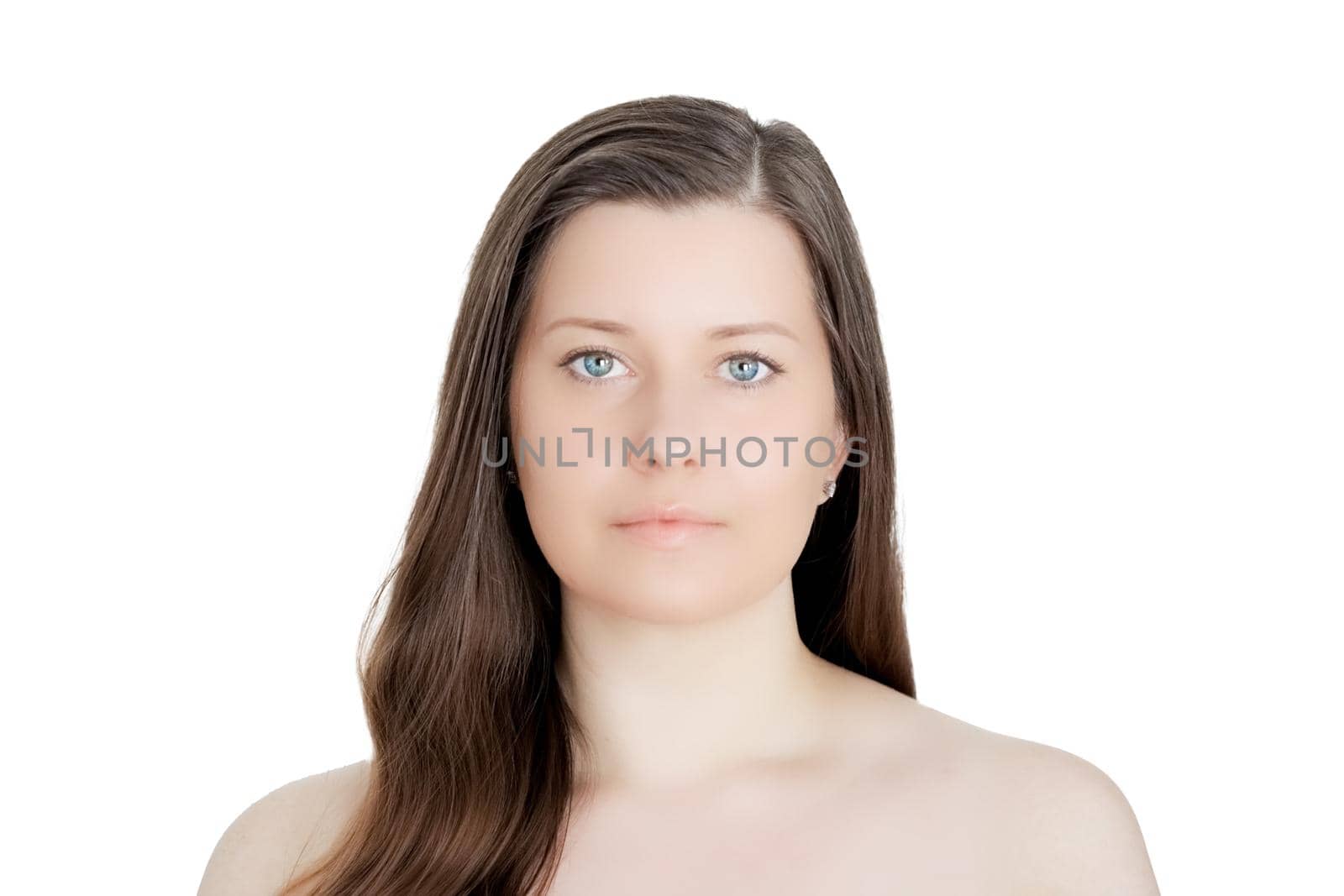 Beautiful woman with natural look, perfect skin as make-up and wellness concept, isolated on white background. Face portrait of young female model for skincare cosmetics and luxury beauty ad design by Anneleven