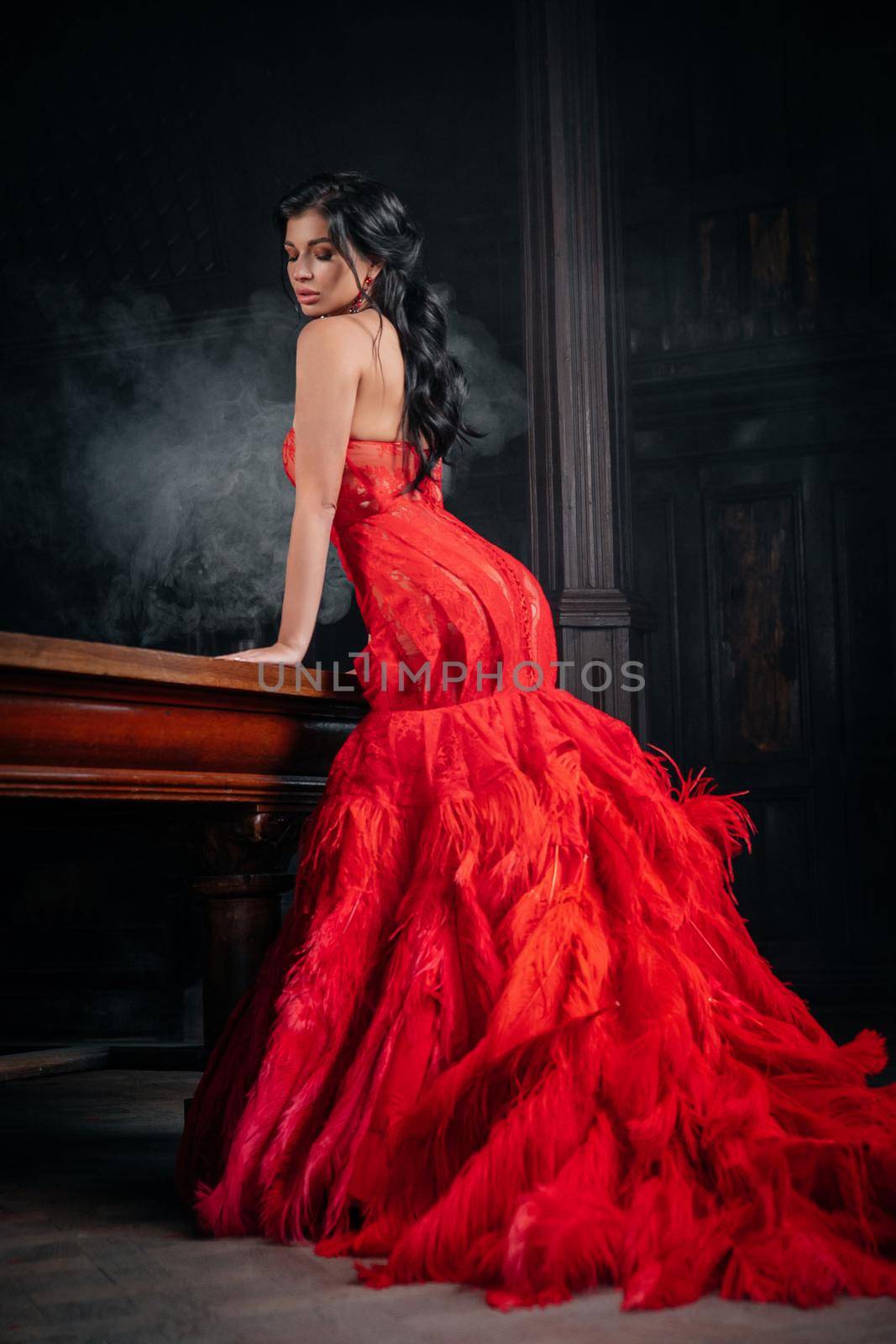 Woman Vintage Red Dress Old Castle Beautiful Princess In Seductive Dress Elegant Caucasian Female Fairy Tale story