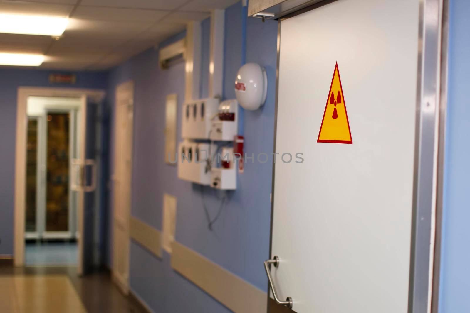 Belarus, Gomel, June 1, 2016, oncological hospital, department of therapy.Sign door with radiation