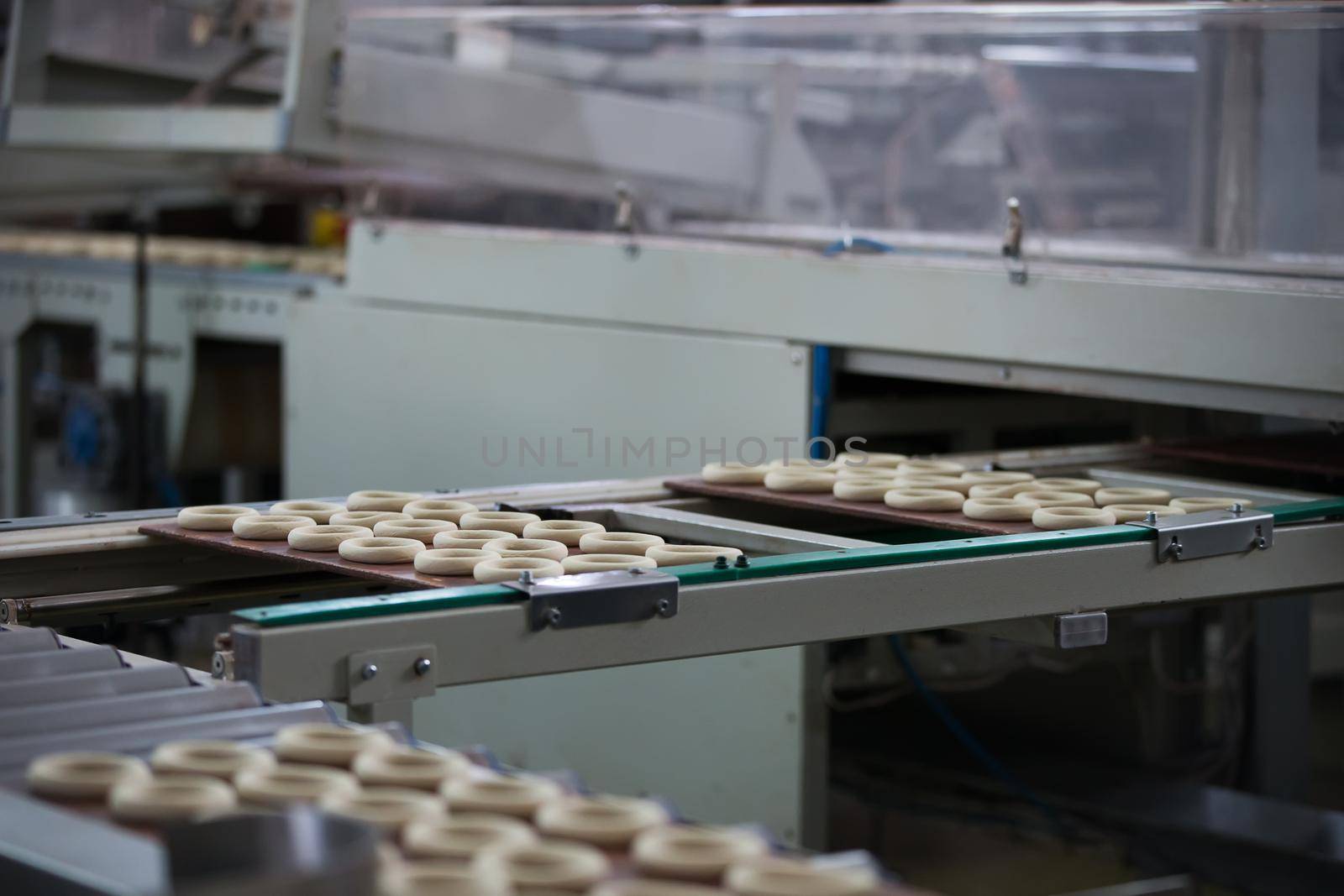 Industrial line for the production of biscuits and bagels. Conveyor belt for the production of culinary products