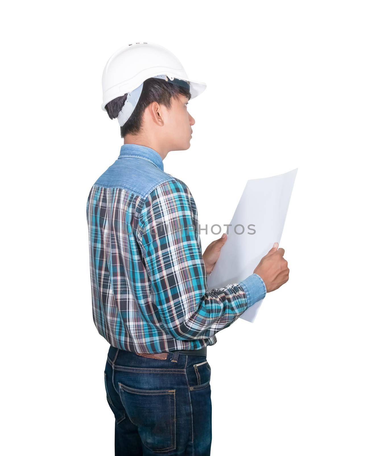 Engineer holding rolled blueprints inspect construction and wear white safety helmet plastic on white background