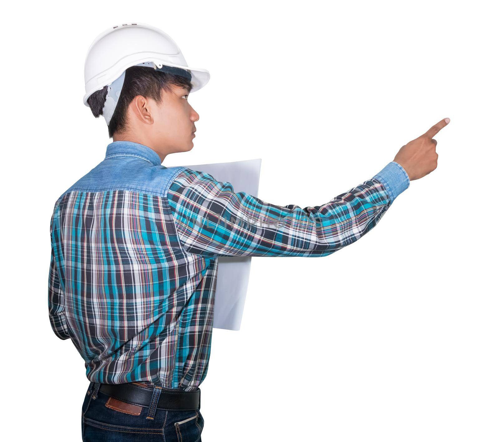 Engineer finger point with holding rolled blueprints inspect construction and wear white safety helmet plastic on white background
