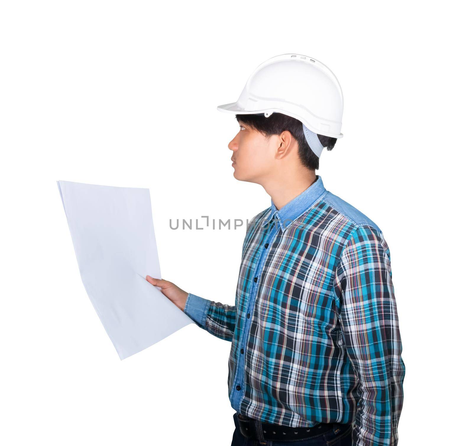 Engineer holding rolled blueprints inspect construction and wear white safety helmet plastic on white background by pramot