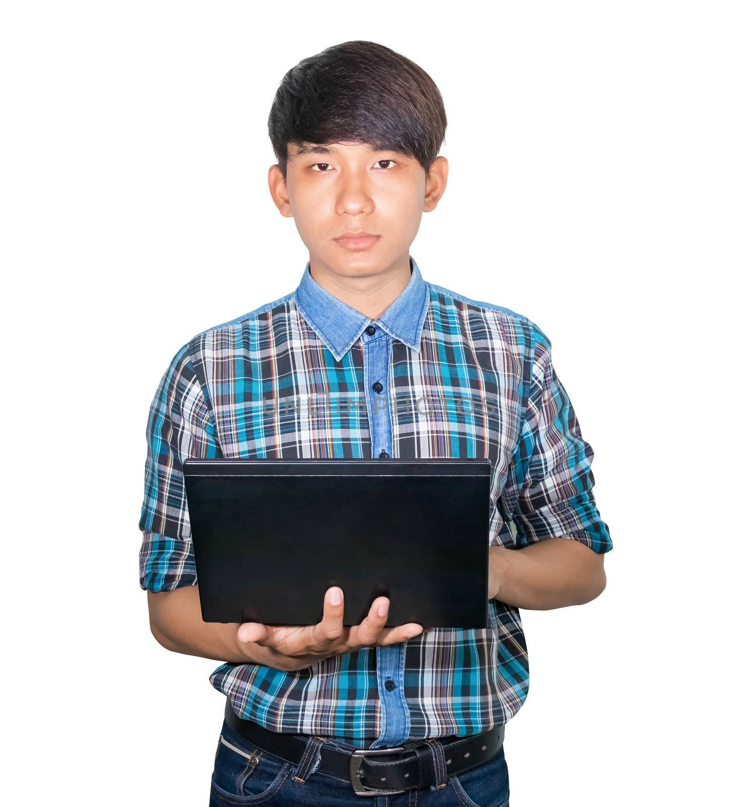 businessman handsome young using Laptop computer on white background by pramot