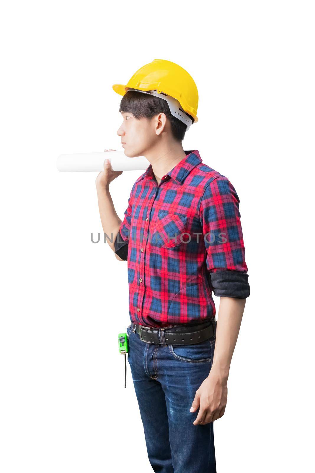 Engineer holding rolled blueprints construction on shoulder and wear yellow safety helmet plastic on white background by pramot
