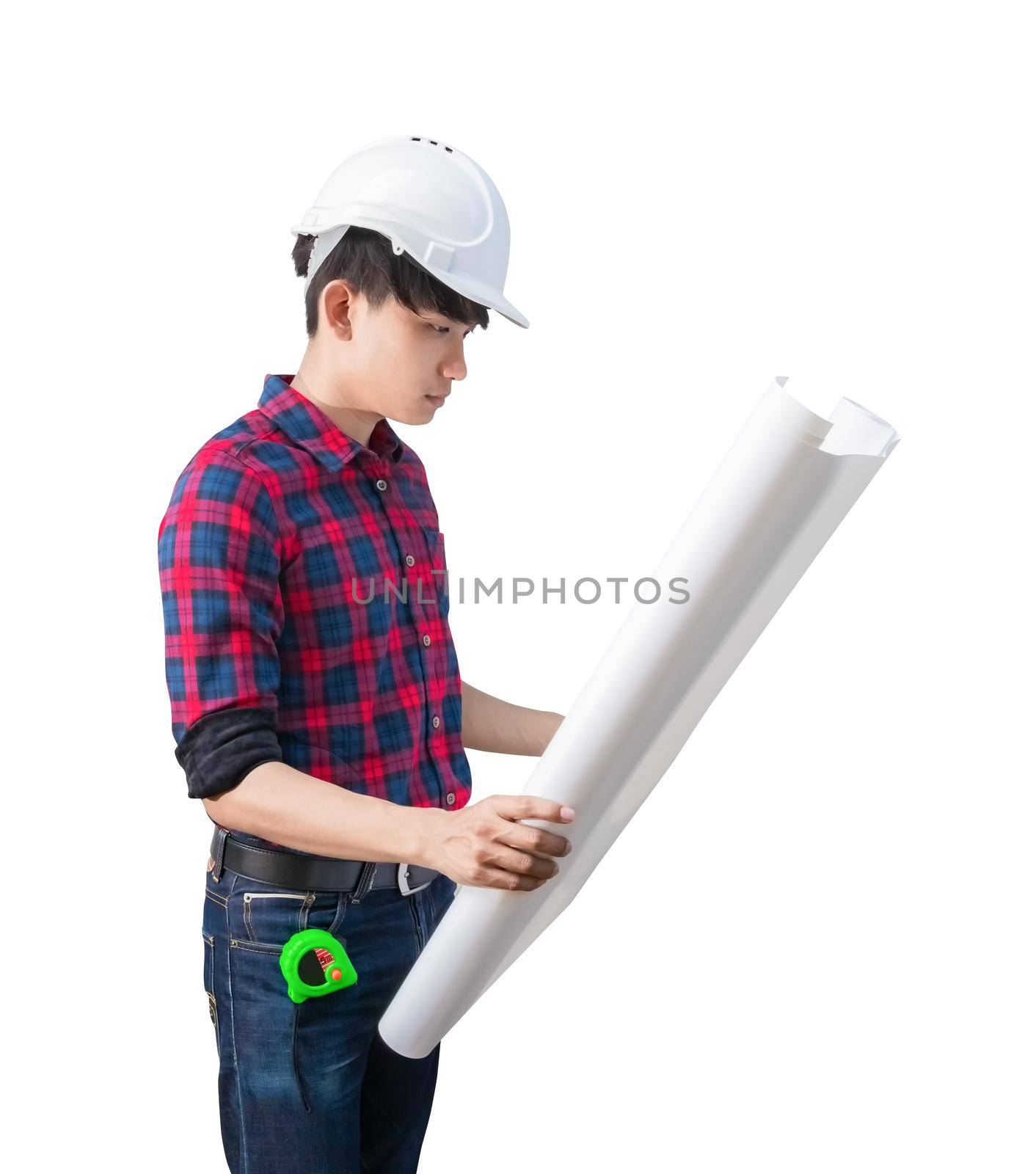 Engineer holding rolled blueprints inspect construction and wear white safety helmet plastic.  isolated on white background by pramot
