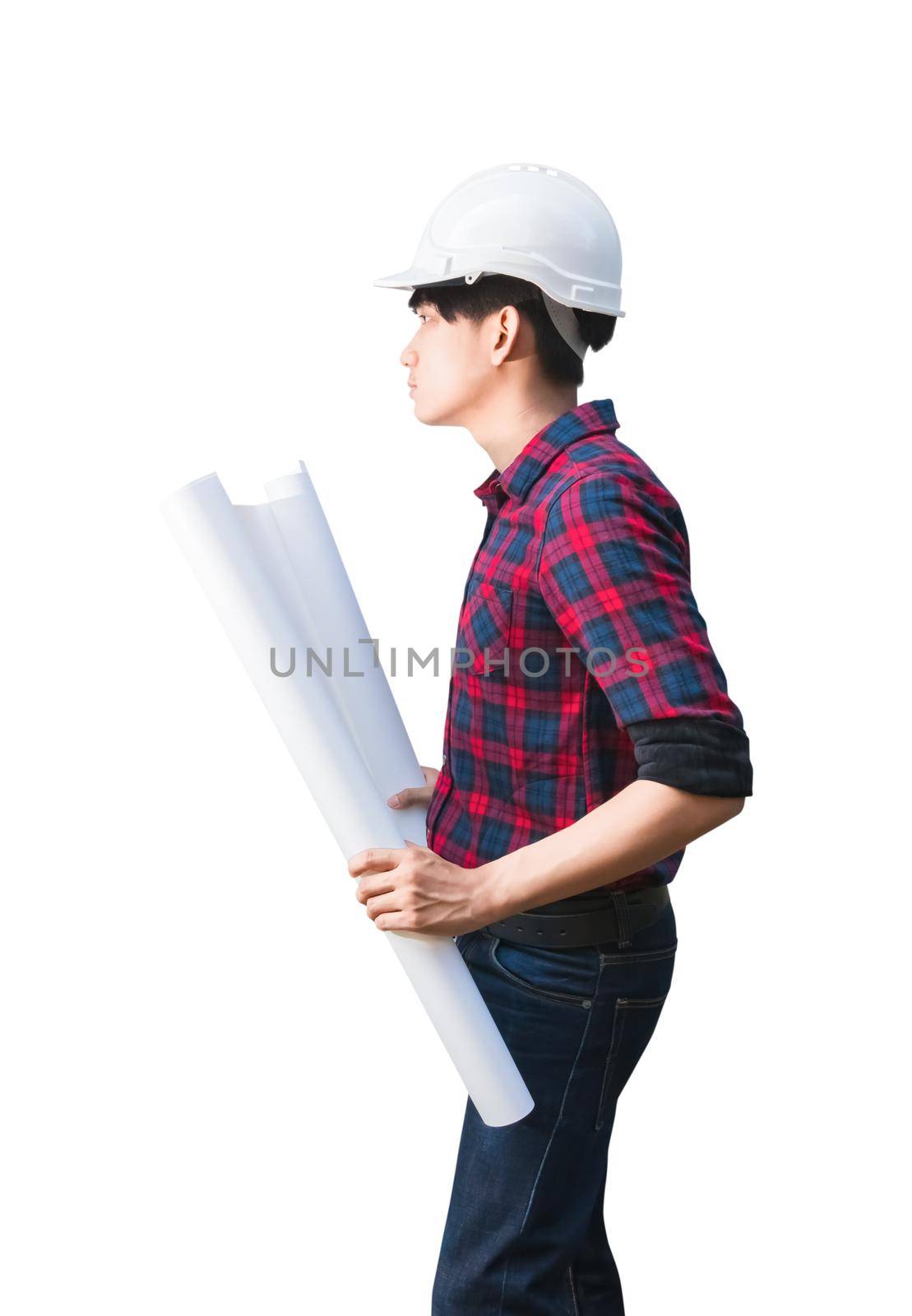 Engineer holding rolled blueprints inspect construction and wear white safety helmet plastic.  isolated on white background by pramot