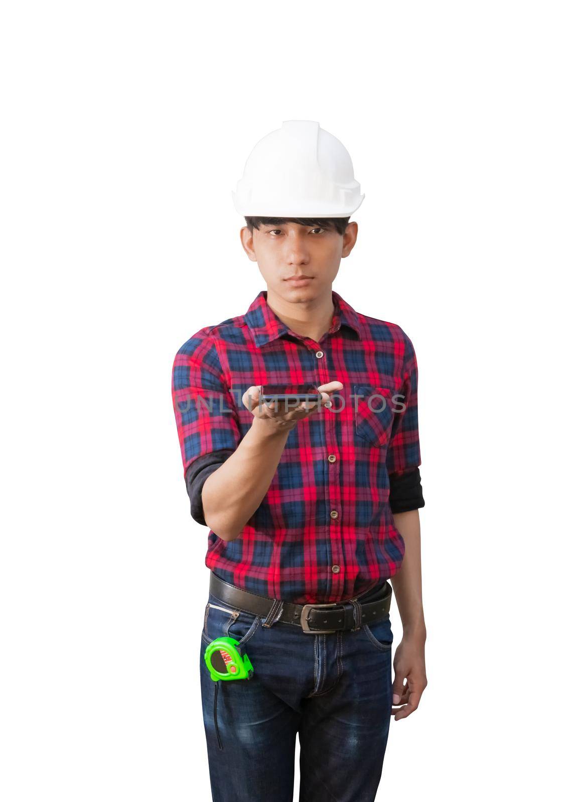 hand of engineer using cell phone and wear white safety helmet plastic on white background. construction concept by pramot