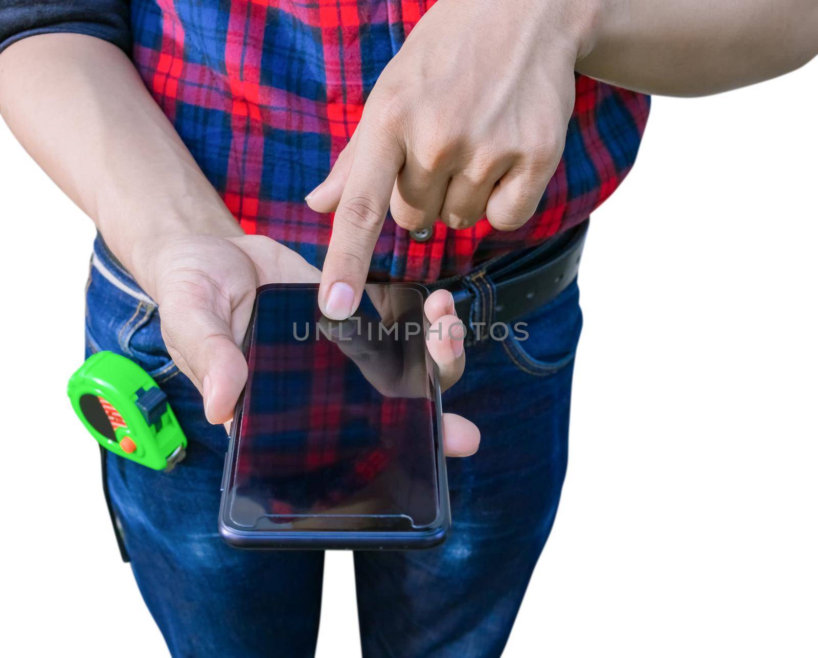 hand of engineer holding cell phone on white background. construction concept